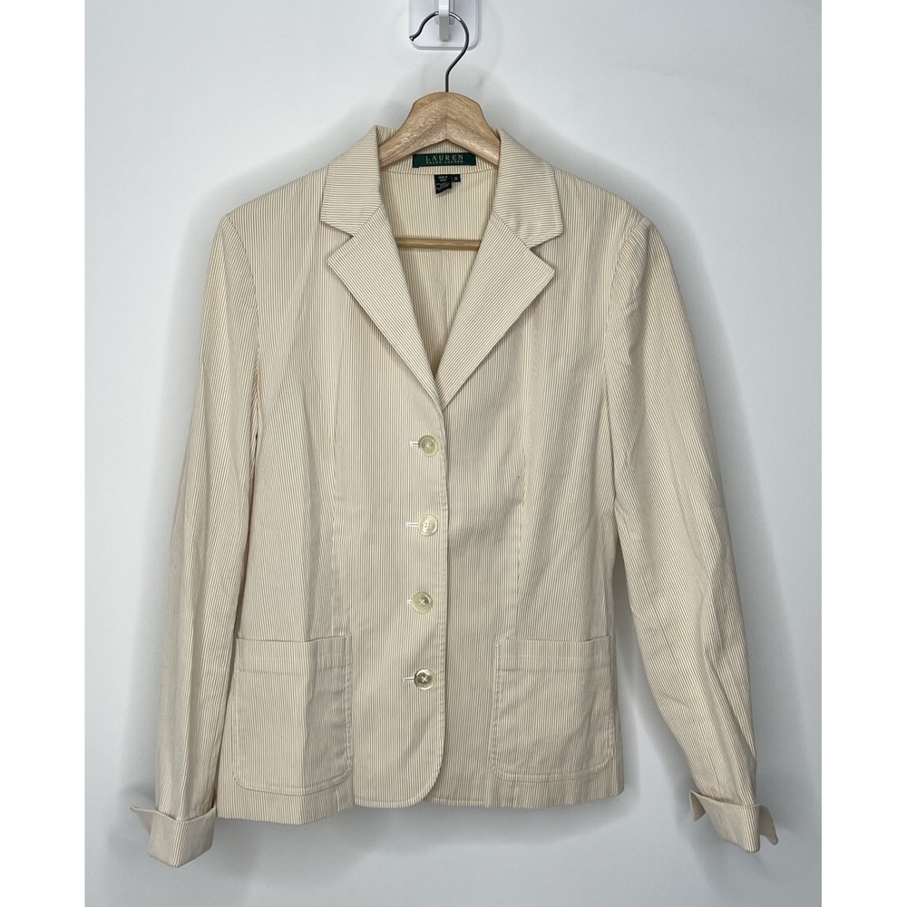 Vintage Ralph Lauren Corduroy Blazer Womens Medium Beige Striped Jacket Cotton